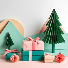 Paper craft Christmas holiday presents under the tree