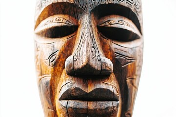 Intricate carved wooden mask, serene expression.
