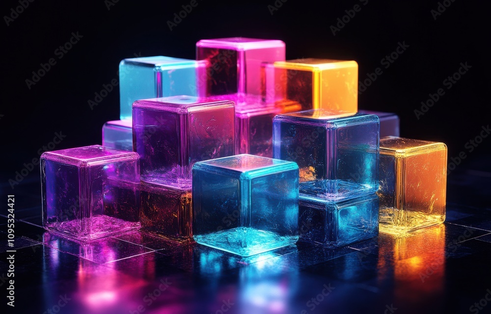 Poster colorful transparent ice cubes arranged creatively with vivid lighting effects, creating a visually 