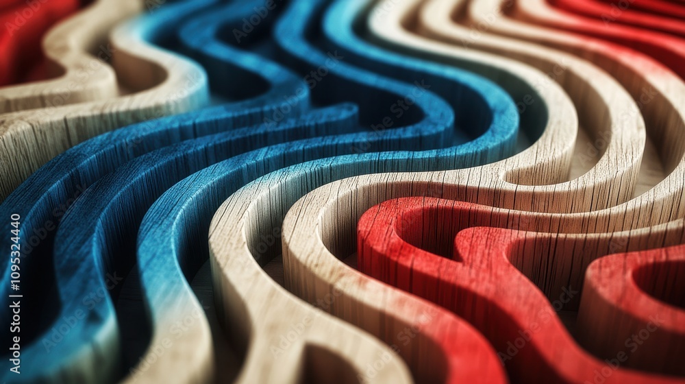 Poster colorful wave patterns in wood displaying intricate curves and textures in red, blue, and natural to