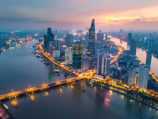 Fototapeta premium Aerial view of Shanghai skyline at sunset, China. Shanghai is the capital city of China.