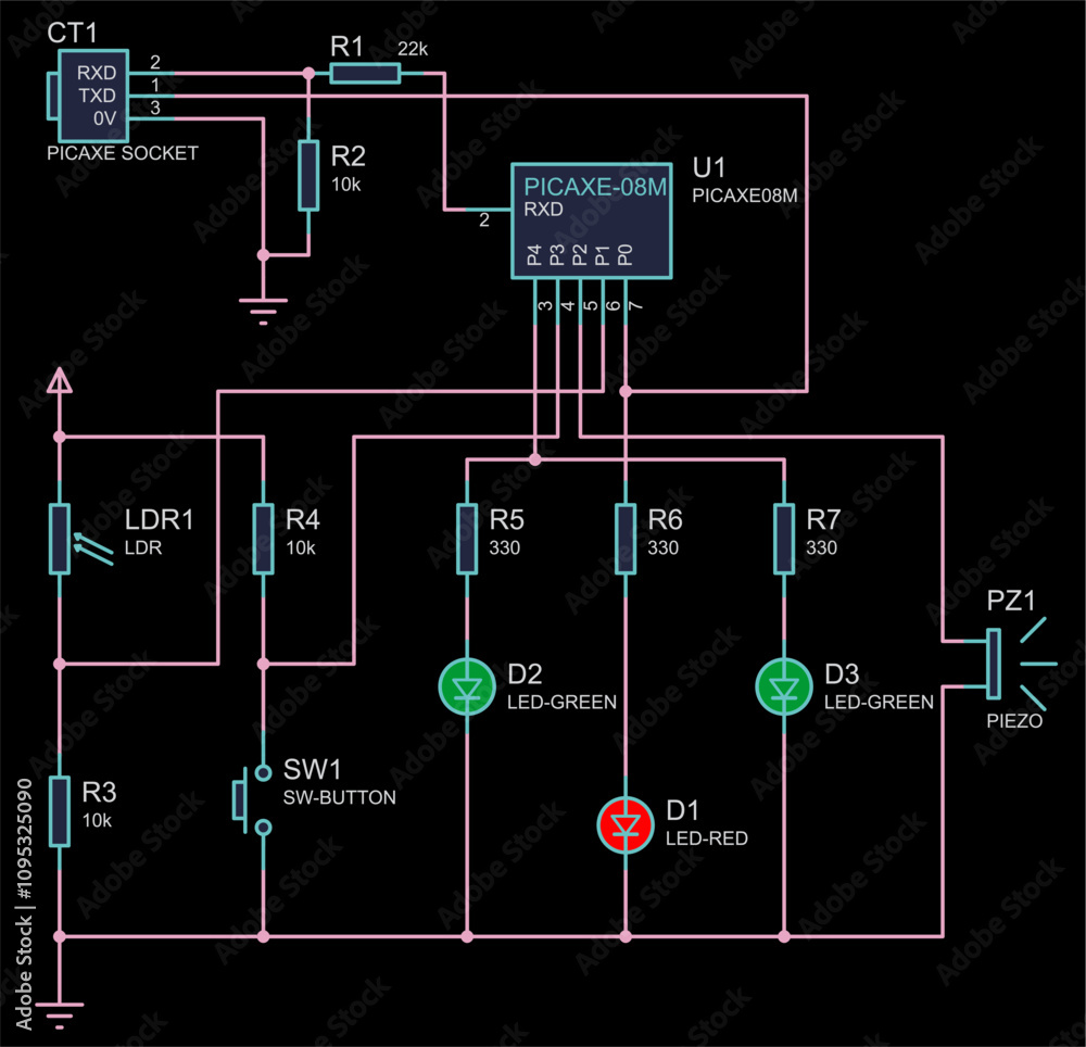 Poster schematic diagram of electronic device. vector drawing electrical circuit with diode, button, resist