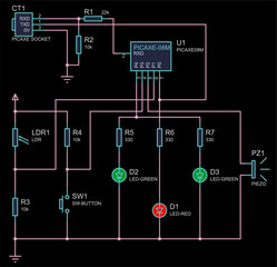 Schematic diagram of electronic device.
Vector drawing electrical circuit with diode, 
button, resistor, led, socket
and other electronic components.
Engineering computer technic cad design.