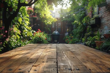 Summer Backyard Scene with Wooden Table and Grill in Blurred Background