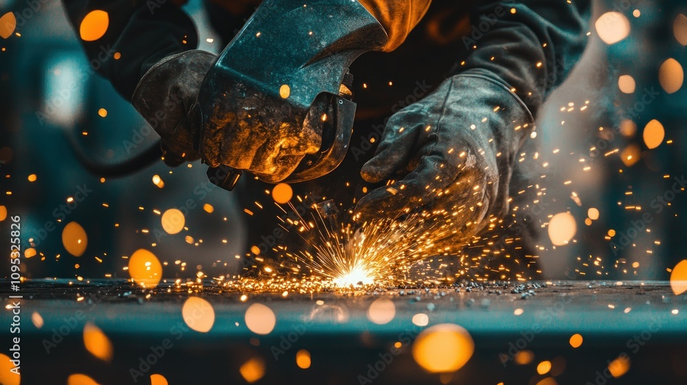 Poster close-up of a welder's hand using a welding torch with sparks flying