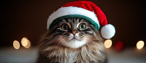 Fototapeta premium Happy black cat bouncing while wearing a green Santa hat against a plain backdrop 