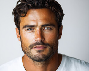 Obraz premium Portrait of a Confident Man with Dark Hair and Beard in Casual White Shirt