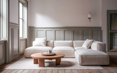 A modern minimalist living room with large windows a sleek gray sofa and natural wood flooring.