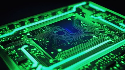 A glowing circuit board with blue and green lights.
