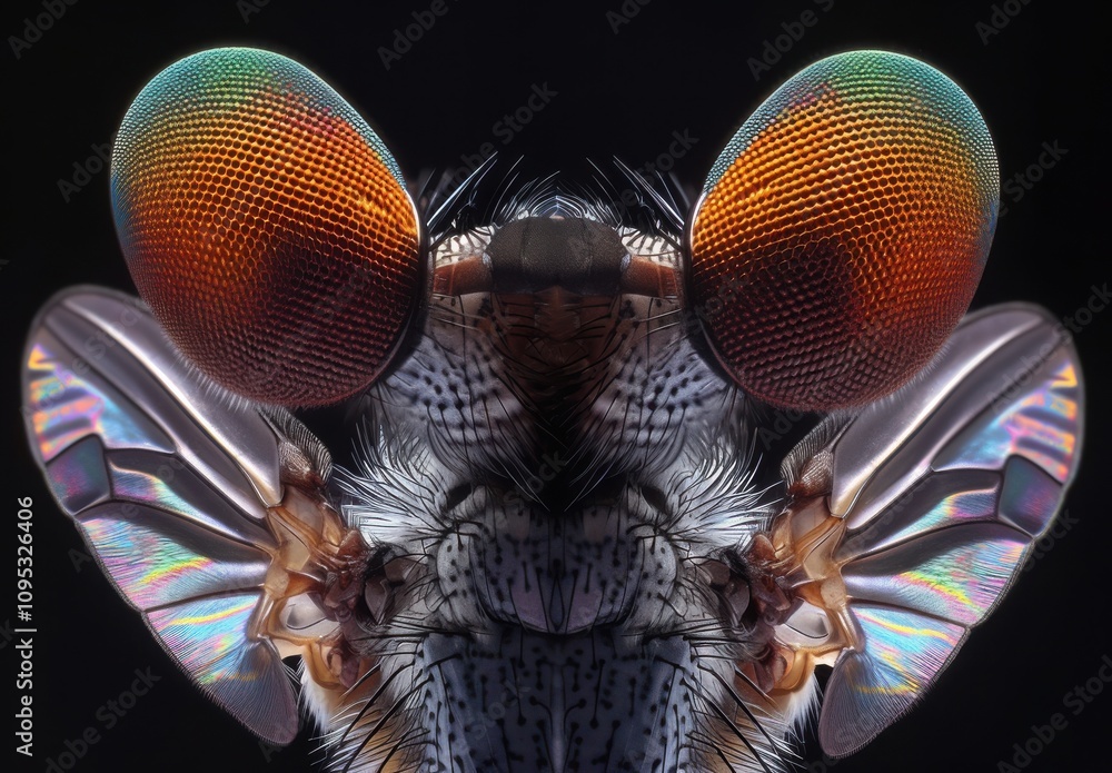 Poster detailed close-up of an insect with colorful compound eyes and intricate features captured in stunni