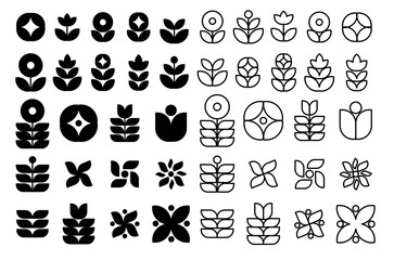 Mid-century Modern Botanical Icons. Graphic Flower and Leaves Icons