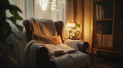 Cozy Armchair with a Book and Lamp by a Window