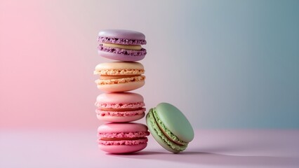 Stacked pastel macarons against a soft gradient background of pink and blue hues. Concept: elegance, delicacy