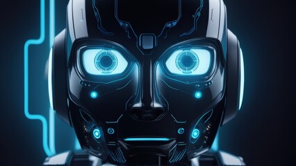 A stylized AI robot face with glowing eyes and circuits.
