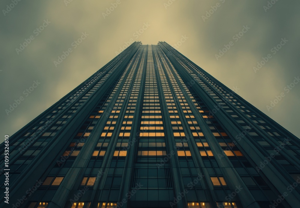 Poster dramatic low angle view of a tall skyscraper reaching into overcast sky with illuminated windows ami