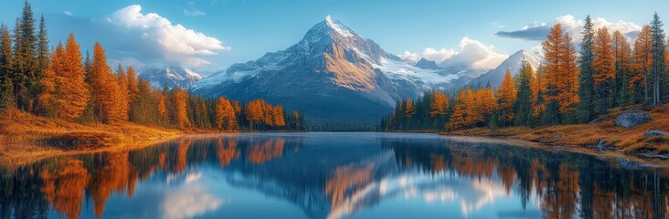 Panoramic view of a mountain peak reflecting in a tranquil alpine lake.