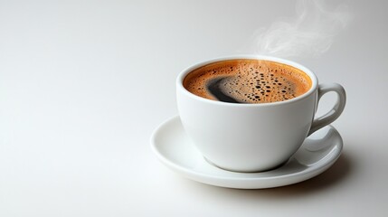 Fototapeta premium Steaming cup of black coffee on saucer.