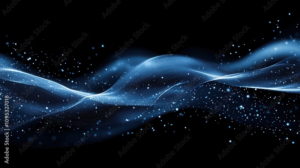 Poster elegant blue wave abstract art with sparkling particles in dark background for creative design and v