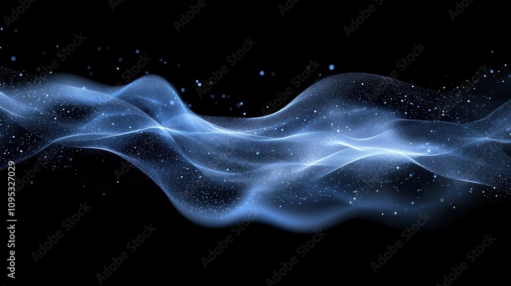 Poster elegant blue wave with sparkling particles against black background for abstract design and digital 