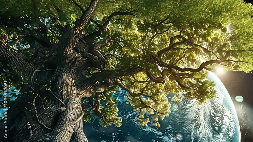 Poster tree with a large trunk and many branches is surrounded by a blue sky. the tree is the main focus of