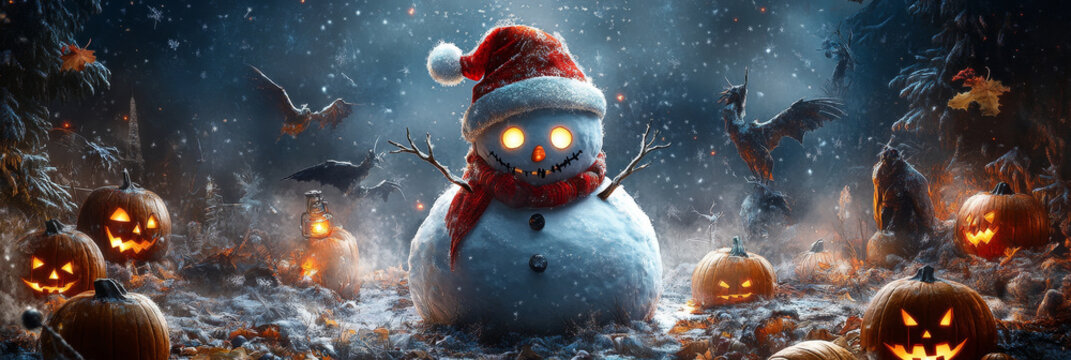 Spooky Snowman's Christmas Nightmare - Glowing eyed snowman, Santa hat, Halloween pumpkins, bats, winter snow, dark forest.  Festive fright.