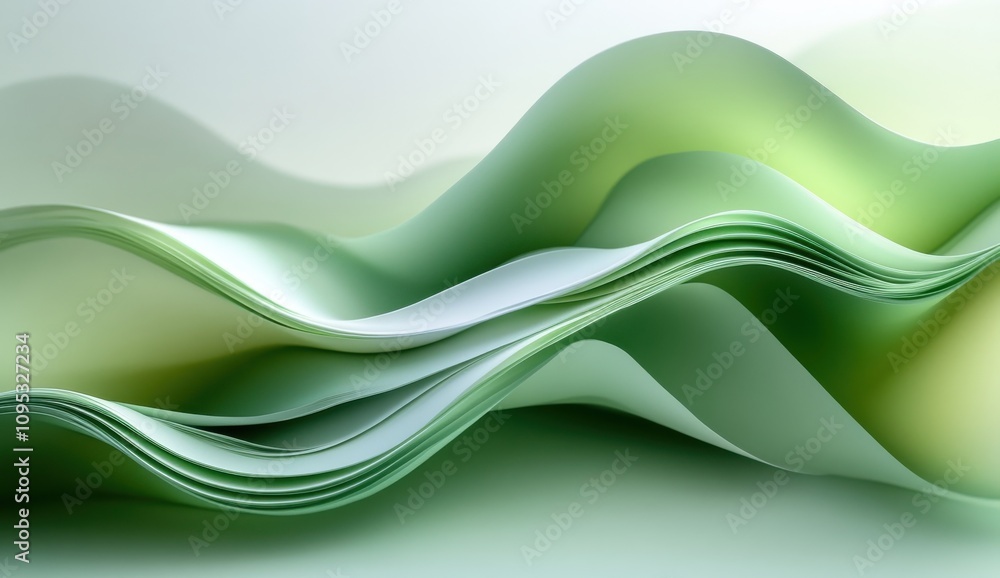 Poster elegant flowing green waves with soft gradients and smooth textures, perfect for backgrounds or abst