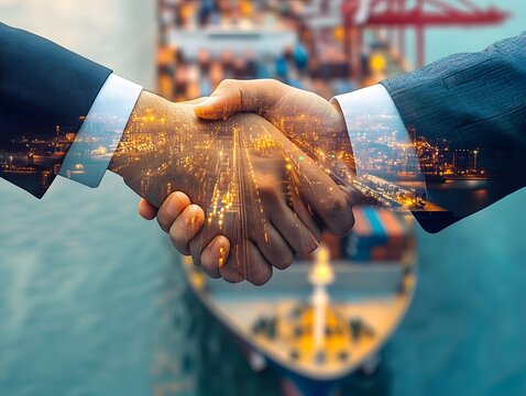 Business Partnership and Collaboration Concept with Shaking Hands over Beautiful Port Cityscape at Night, Highlighting Global Trade and Logistics Industry Dynamics