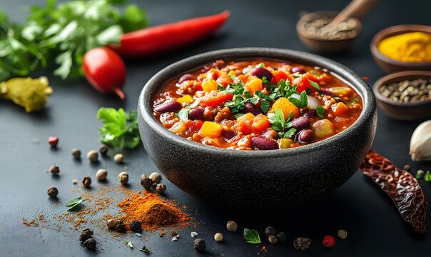 Chili and Spice Composition, A bowl of chili with visible chunks of vegetables and a sprinkle of spices