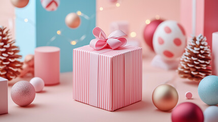 A pastel-themed Christmas scene with a pink and blue striped gift box, ornaments, and pinecones on a soft pink background.
