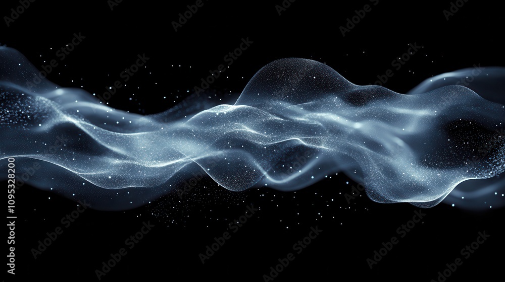 Poster ethereal flow of light and particles in dark background, abstract waves with sparkle effects, dynami
