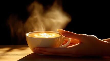 Steaming latte art in a cup held by hands.