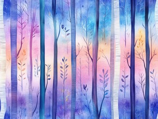 Vibrant seamless pattern  brushstroke concept. A serene watercolor painting of a forest, featuring tall trees with soft hues of blue and pink, creating a tranquil and dreamy atmosphere.