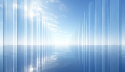 Ethereal Landscape of Tranquil Waters and Reflected Skyscrapers Under a Bright Blue Sky, Creating a Sense of Serenity and Infinite Space