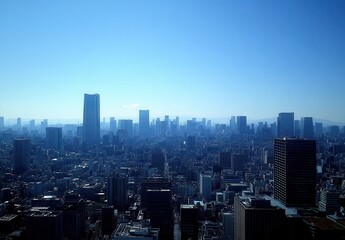 Obraz premium Expansive Cityscape View of Skyscrapers Under Clear Blue Sky Demonstrating Urban Architecture and Modern Development in Metropolitan Area