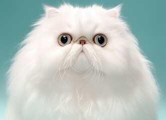 Fototapeta premium Fluffy White Cat with Striking Eyes Surrounded by a Soft Blue Background, Captivating Animal Photography for Pet Lovers and Feline Enthusiasts