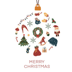 Cute holiday greeting card design. Christmas belle illustration filled with holiday elements including Santa Claus, snowman, gifts, wreath, tree and decorations.