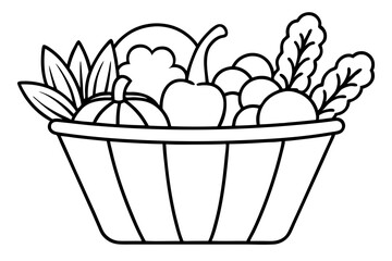 Fresh Farm Vegetables in a Wooden Basket Line Art Drawing