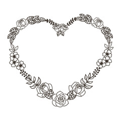 Vintage Botanical Heart-shape Wreath - Black and White Design, Vector Illustration.
