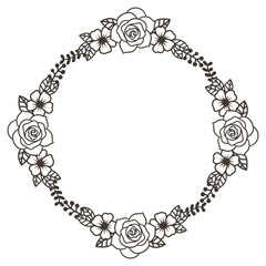 Romantic Floral Wreath with Delicate Flowers and Foliage - Black and White Design, Vector Illustration.