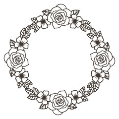 Hand-Drawn Circular Flower Wreath - Black and White Design, Vector Illustration.
