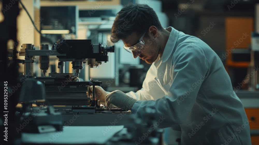 Aufkleber Scientist working on a complex machine with a microscope in a laboratory setting.