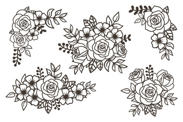 Elegant Floral Bouquet Design Set, Corners and Borders with Roses and Leaves - Vector Art