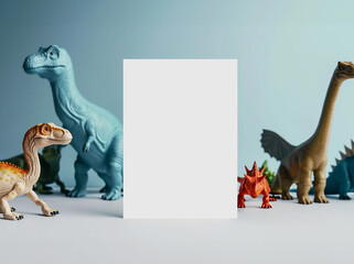 Fun Dinosaur-Themed Card Mockup with Blank Card, Colorful Toy Dinosaurs, and Marble Background – Perfect for Prehistoric Birthday Invitations