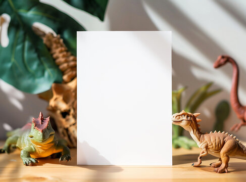 Playful Dinosaur Mockup with Blank Card, Toy Dinosaurs, and Marble Surface – Ideal for Kids' Party Invitations and Creative Themed Decor