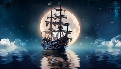 Fototapeta premium 칠흙같은 바다 위를 항해하는 해적선