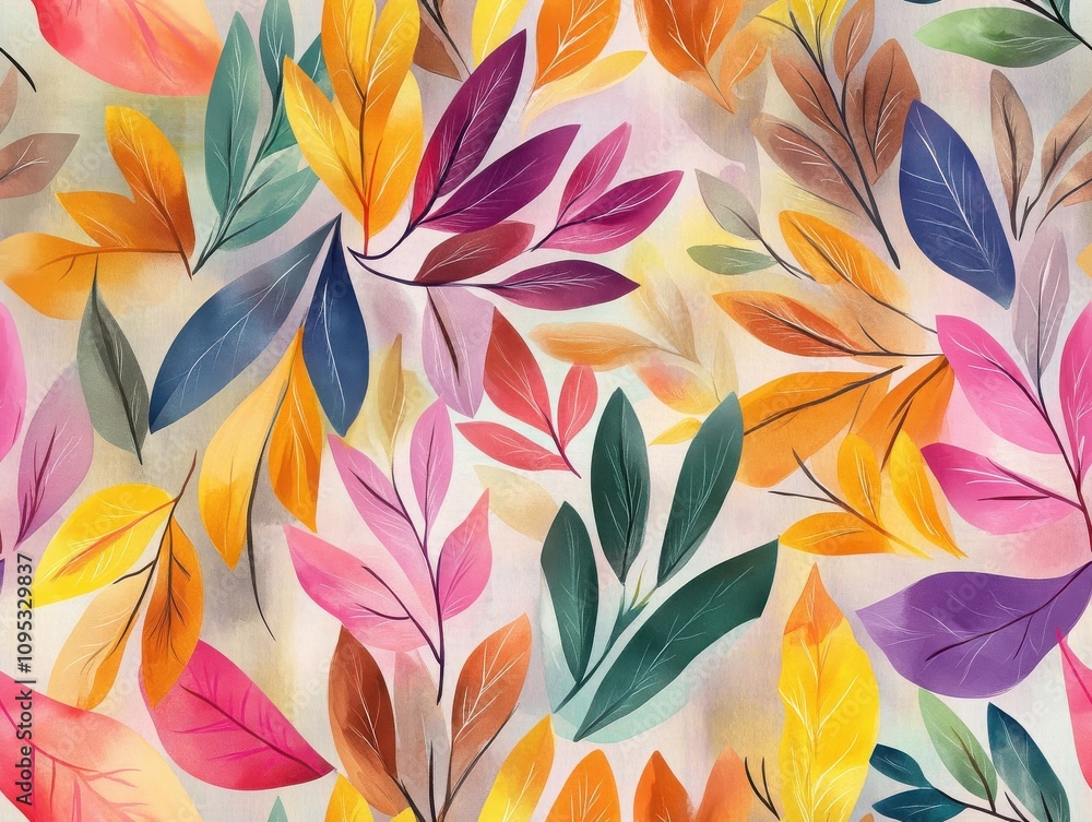 Poster vibrant seamless pattern brushstroke concept. a vibrant pattern of colorful leaves in various shapes