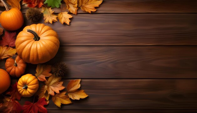 Autumn Harvest: A rustic wooden background adorned with pumpkins, leaves, and acorns, creating a warm and inviting ambiance for your fall-themed designs.