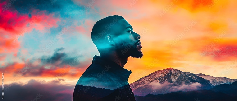 Poster thoughtful man silhouette against vibrant sunset sky, showcasing a stunning double exposure effect w