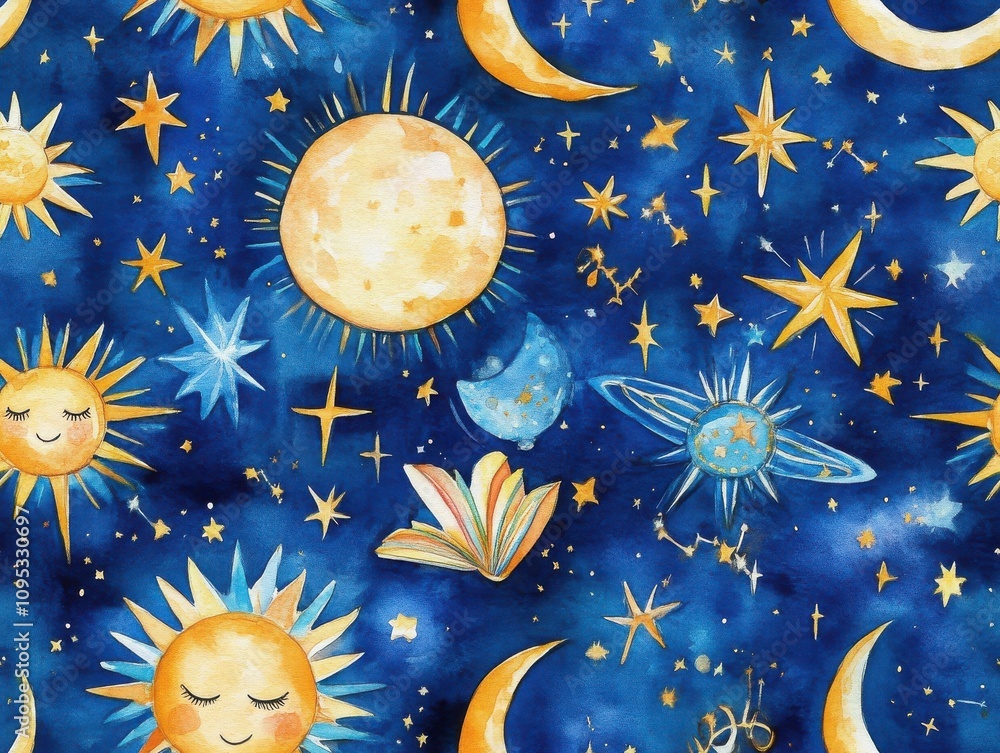 Aufkleber vibrant seamless pattern brushstroke concept. a whimsical celestial pattern featuring smiling suns, 