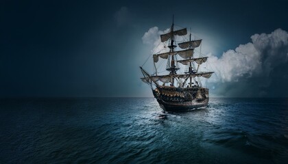 Fototapeta premium 칠흙같은 바다 위를 항해하는 해적선